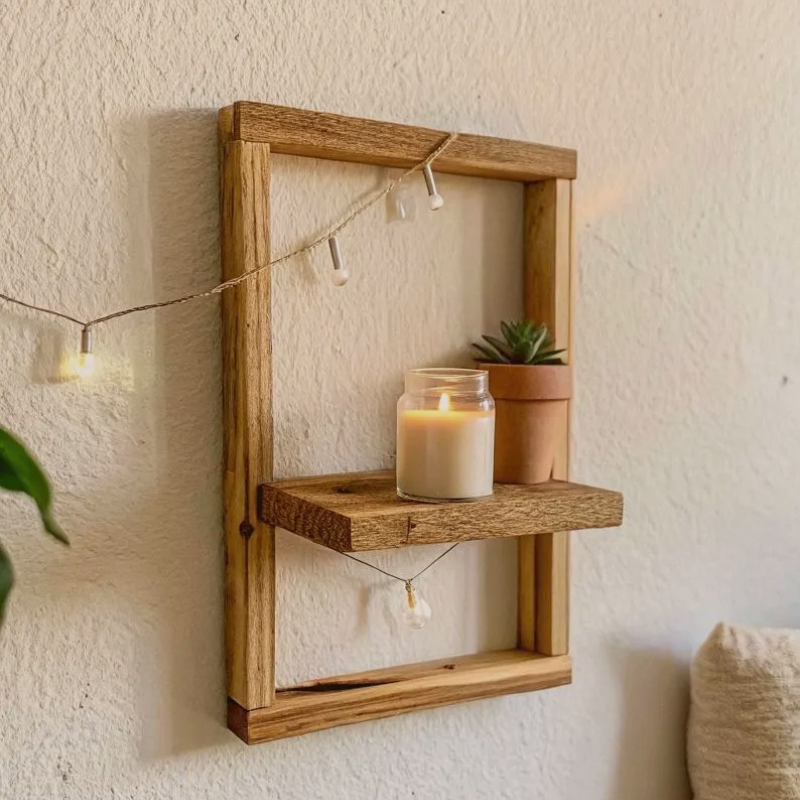 Handgefertigtes Holzrahmen-Wandregal – Natürliches Hängeregal aus massivem Holz für Pflanzen & Deko